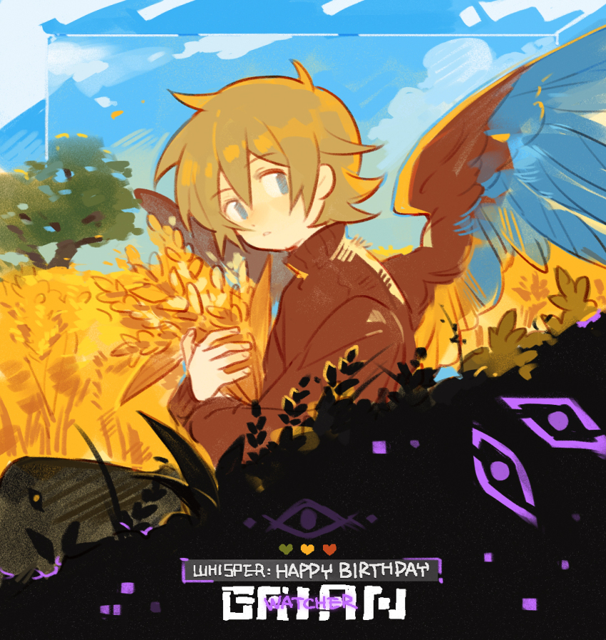 1boy, ahoge, animification, bird_boy, bird_wings, birthday, black_pants, blue_eyes