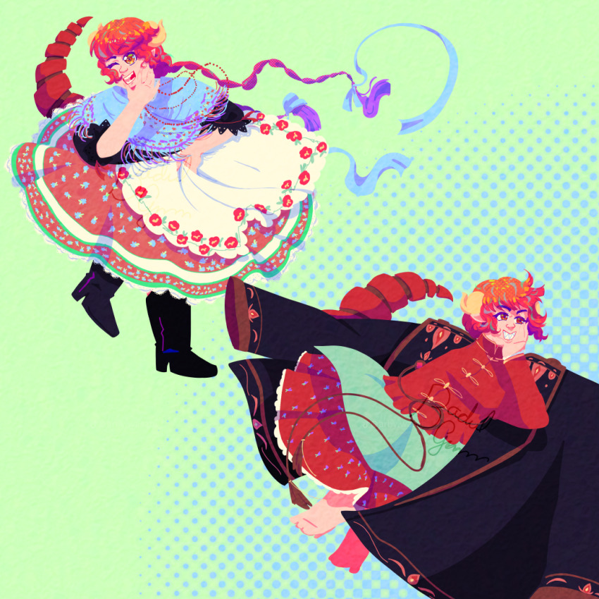 badulgumm, braid, dragon_girl, dragon_horns, dragon_tail, floral_print, horns, hungarian_clothes