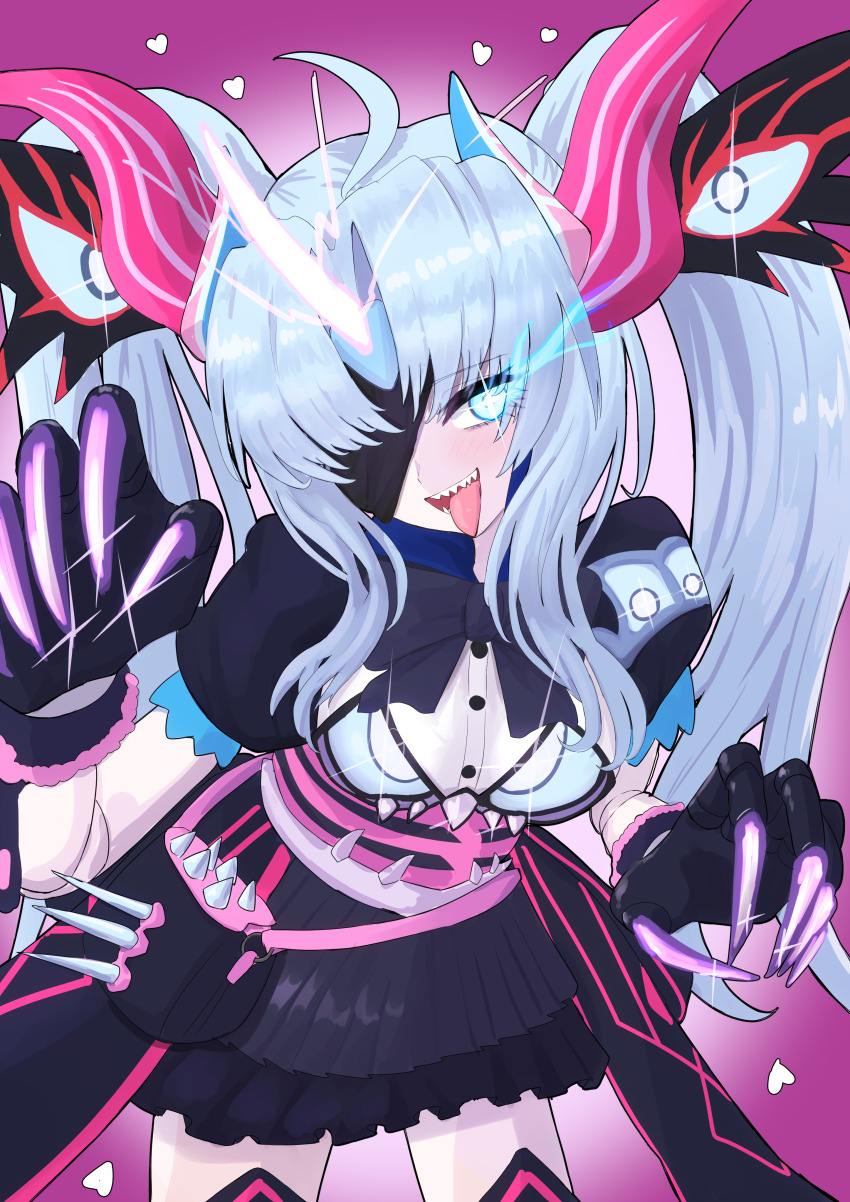 +_+, 1girl, absurdres, ahoge, asymmetrical_horns, black_bow, black_bowtie, black_skirt