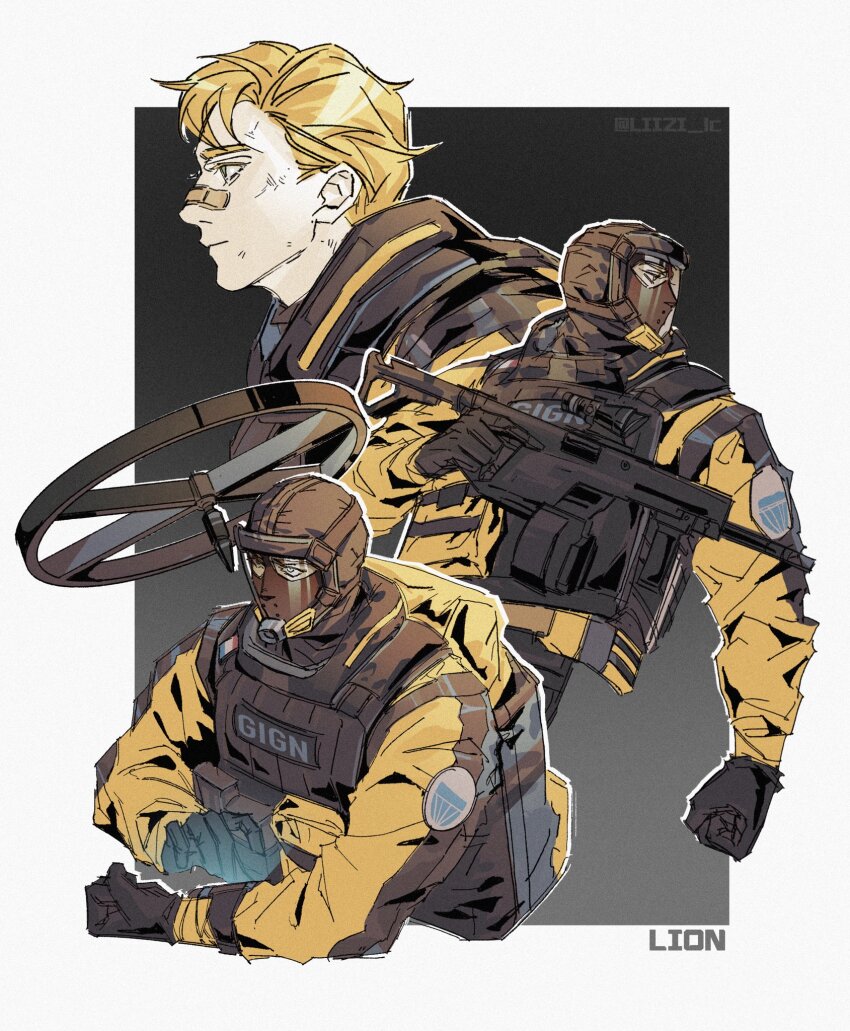 1boy, bandaid, bandaid_on_face, bandaid_on_nose, black_gloves, blonde_hair, bulletproof_vest, character_name, chinese_commentary, commentary_request, covered_mouth, gloves, helmet, highres, jacket, liizi_lc, lion_(rainbow_six_siege), long_sleeves, looking_to_the_side, male_focus, multiple_views, parted_hair, patch, rainbow_six_siege, short_hair, shoulder_patch, tactical_clothes, yellow_jacket