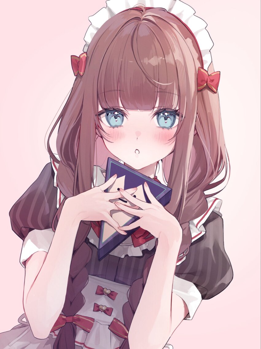 1girl, blue_eyes, blush, braid, brown_hair, commentary_request, highres, hitomyan