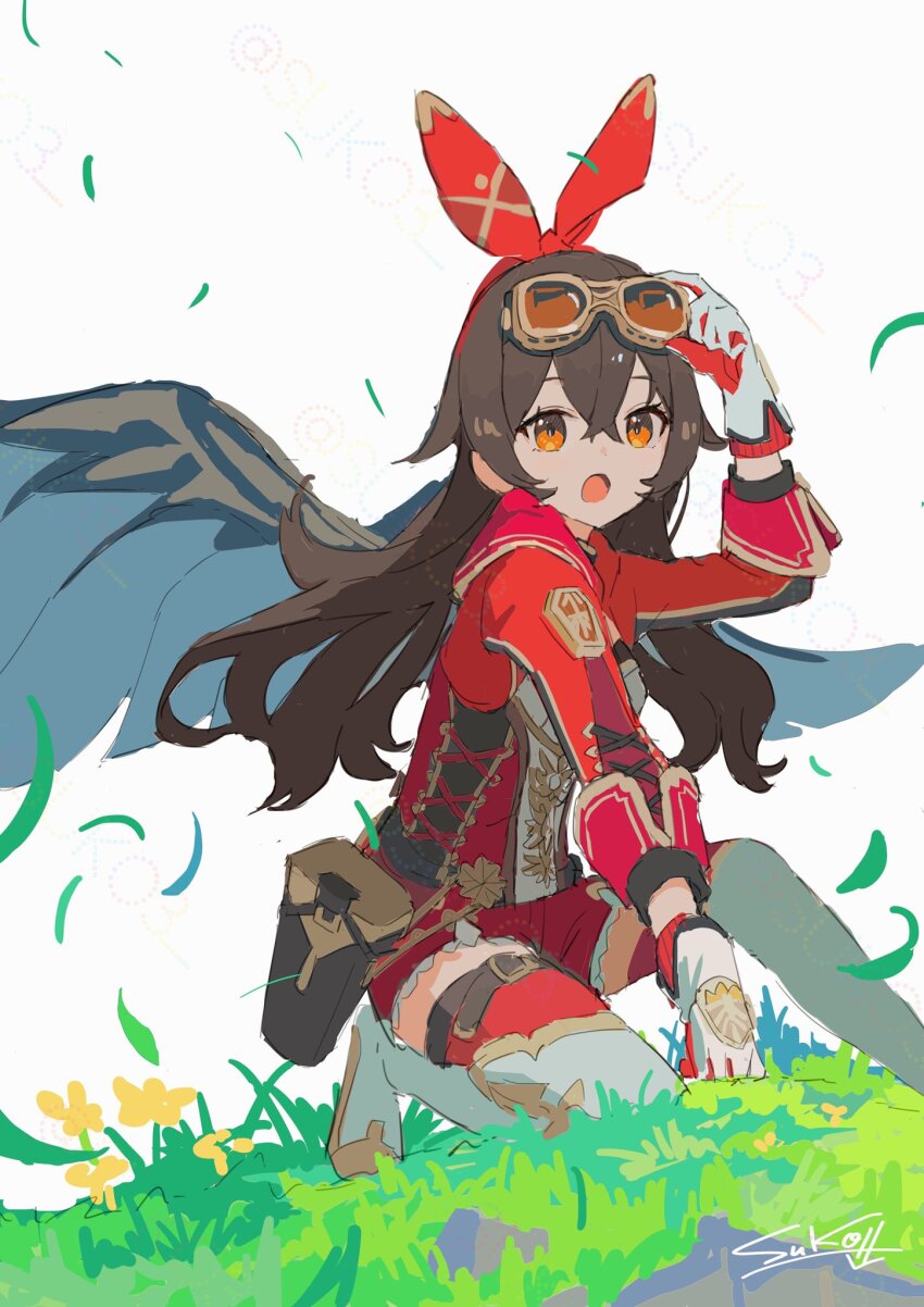 1girl, adjusting_eyewear, amber_(100_outrider)_(genshin_impact), amber_(genshin_impact), belt, boots, brown-tinted_eyewear, brown_eyes