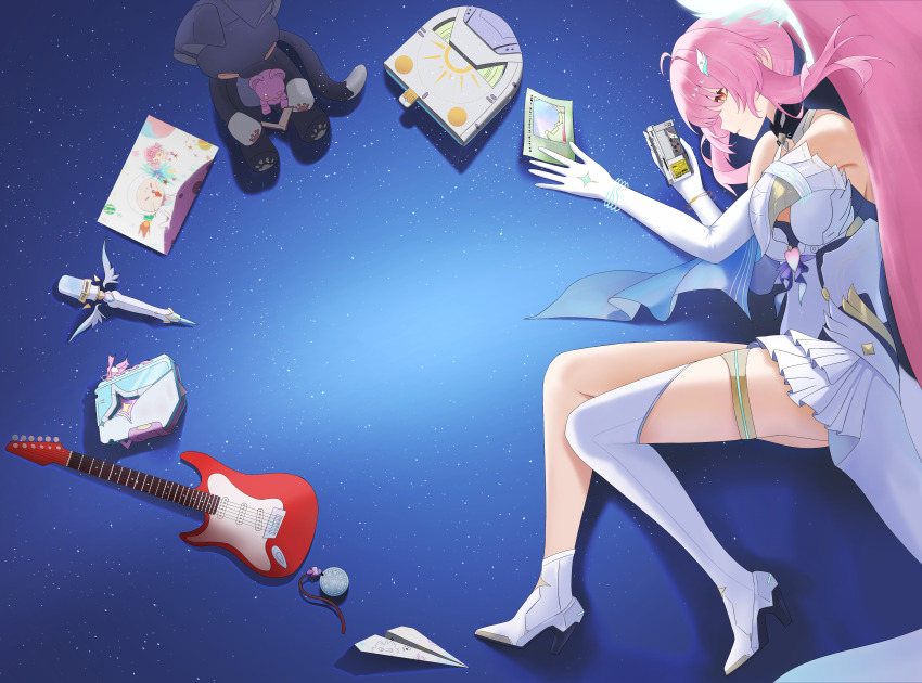 1girl, absurdres, aemeath_(wuthering_waves), asymmetrical_footwear, bare_shoulders, book, boots, breasts