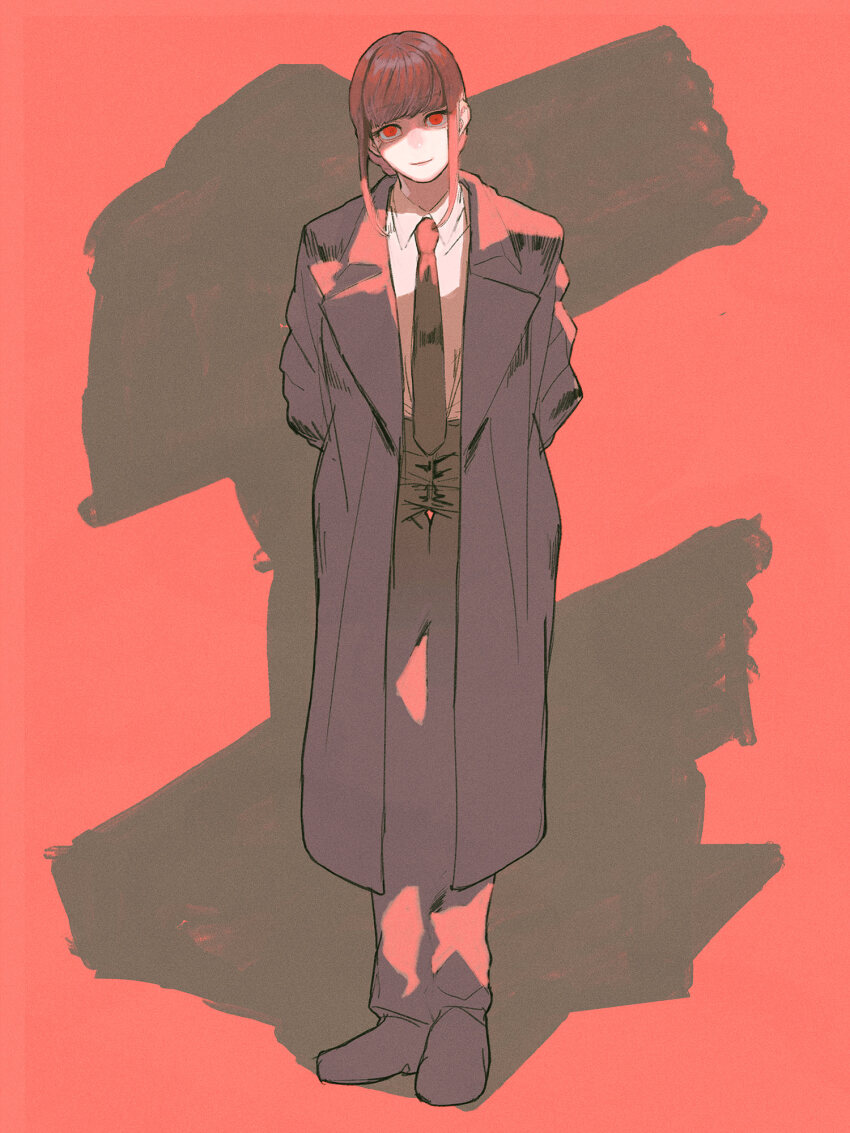 1girl, arms_behind_back, black_jacket, black_necktie, black_pantyhose, black_shoes, black_suit, chainsaw_man