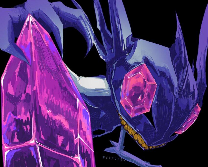 bilingual_commentary, black_background, claws, colored_teeth, commentary, english_commentary, gem, gen_3_pokemon