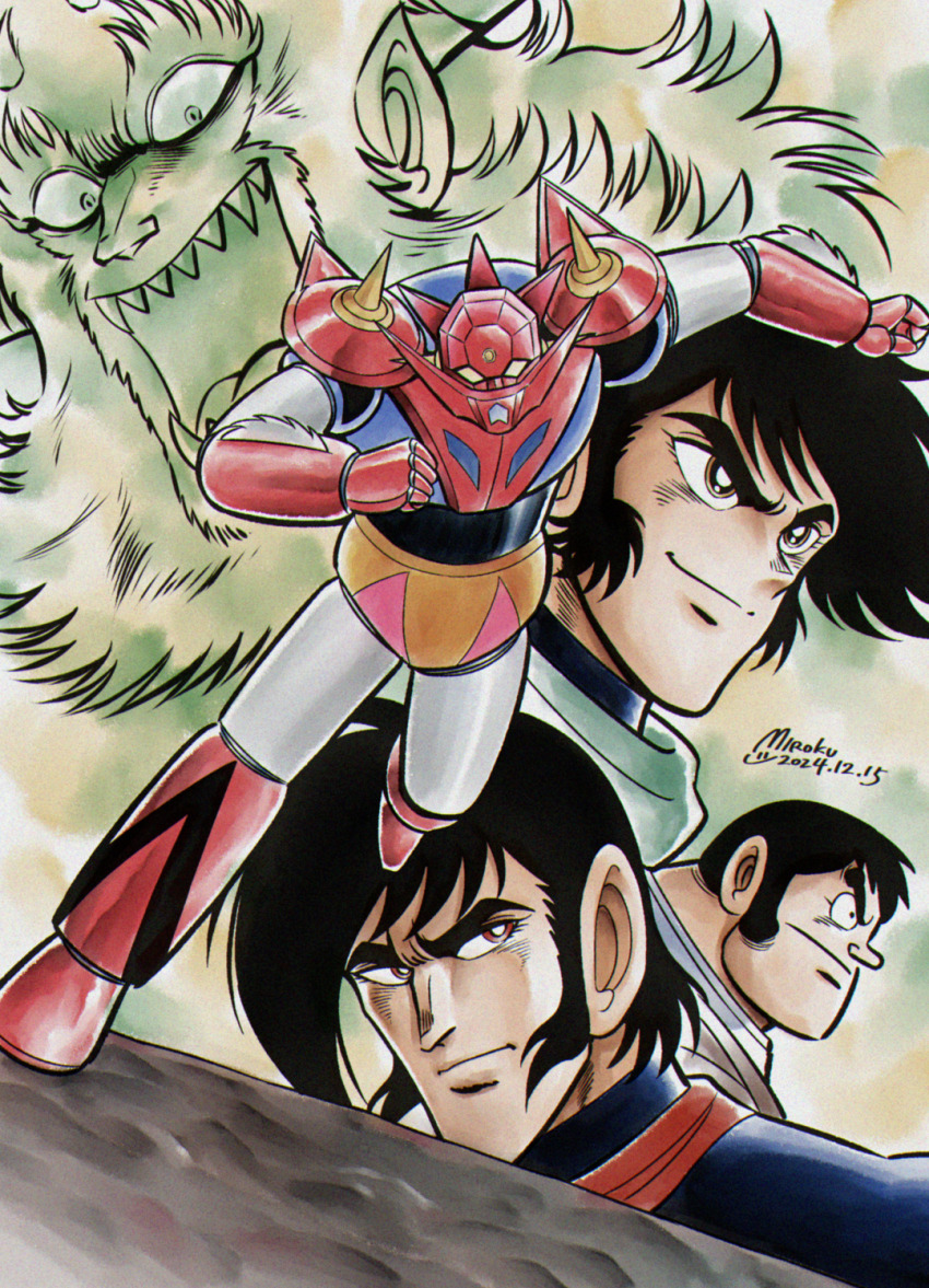 4boys, arm_blade, armor, beard, black_hair, blue_armor, commentary_request, demon_horns, emperor_burai, evil_smile, facial_hair, full_body, getter_dragon, getter_robo, getter_robo_g, green_scarf, highres, horns, ishikawa_ken_(style), jin_hayato, kuruma_benkei, long_bangs, long_beard, long_hair, looking_at_viewer, male_focus, mecha, mecha_focus, miroku_(miroku_t), multicolored_armor, multiple_boys, nagare_ryoma, open_mouth, pointy_ears, profile, red_armor, red_eyes, robot, running, scarf, serious, sharp_teeth, short_hair, sideburns, smile, super_robot, teeth, thick_eyebrows, v-shaped_eyebrows, weapon, yellow_eyes