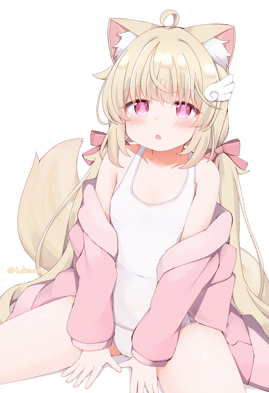 1girl, ahoge, animal_ear_fluff, animal_ears, blonde_hair, blush, bow, cat_ears