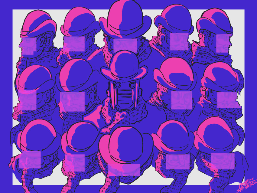 6+boys, absurdres, akefu_satoru, artist_name, border, bowler_hat, censored, censored_identity