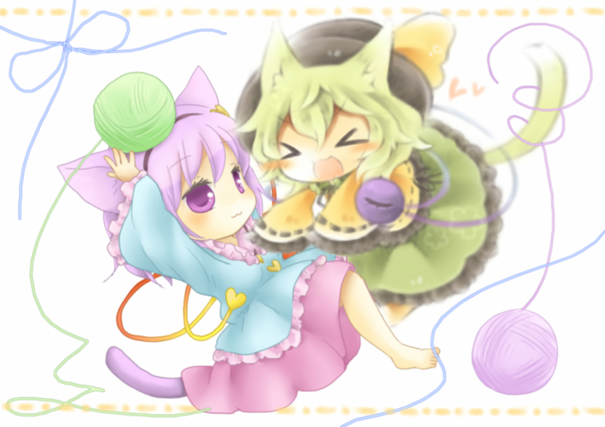 >_<, 2girls, :3, animal_ears, arms_up, artist_collaboration, barefoot, blush