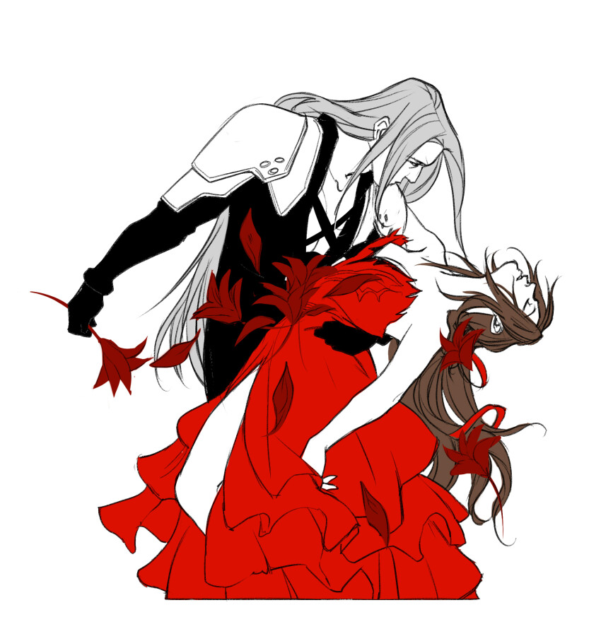 1boy, 1girl, aerith_gainsborough, aerith_gainsborough_(red_dress), arm_around_another's_waist, armor, bare_arms, bare_shoulders