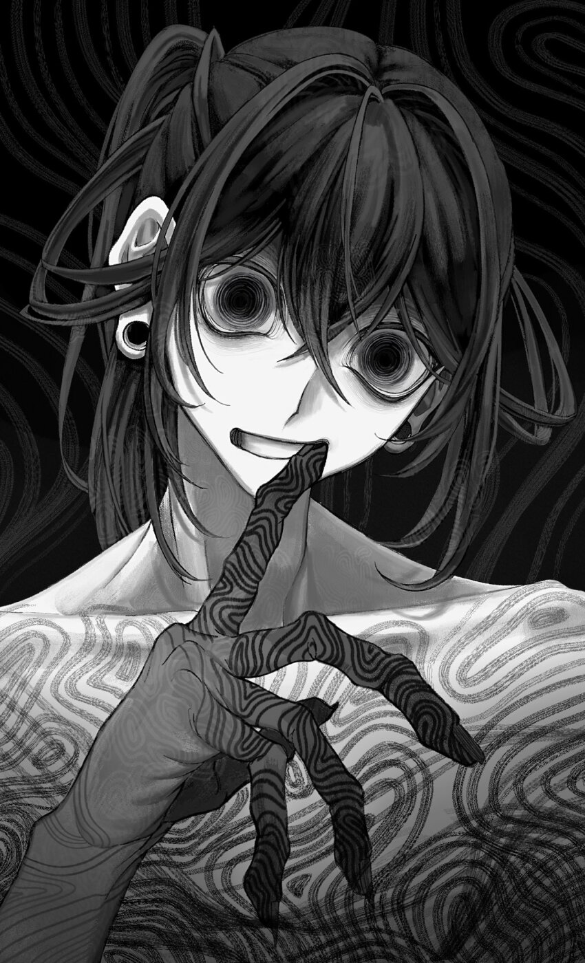 1other, black_eyes, collarbone, colored_skin, commentary_request, douk1_1kigire, finger_to_mouth, greyscale