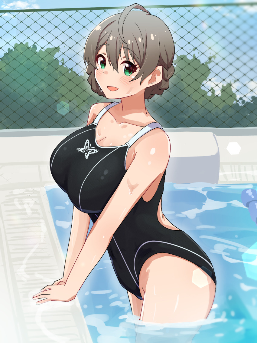 1girl, absurdres, black_one-piece_swimsuit, breasts, cait_sith47, chain-link_fence, commentary_request, competition_swimsuit