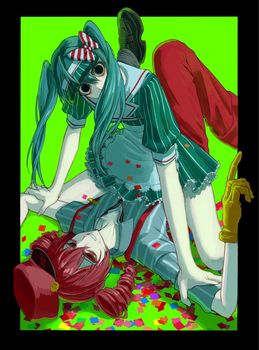 2girls, aqua_hair, black_eyes, commentary_request, douk1_1kigire, drill_hair, green_background, grin, hatsune_miku, highres, kasane_teto, maid, medium_hair, mesmerizer_(vocaloid), multiple_girls, red_hair, short_hair, smile, suspenders, visor_cap