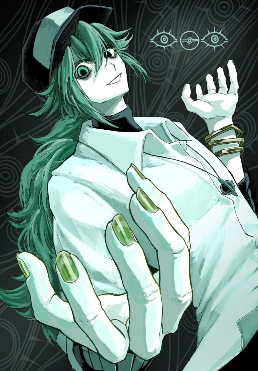 1boy, baseball_cap, bracelet, collared_shirt, colored_skin, commentary_request, douk1_1kigire, green_eyes