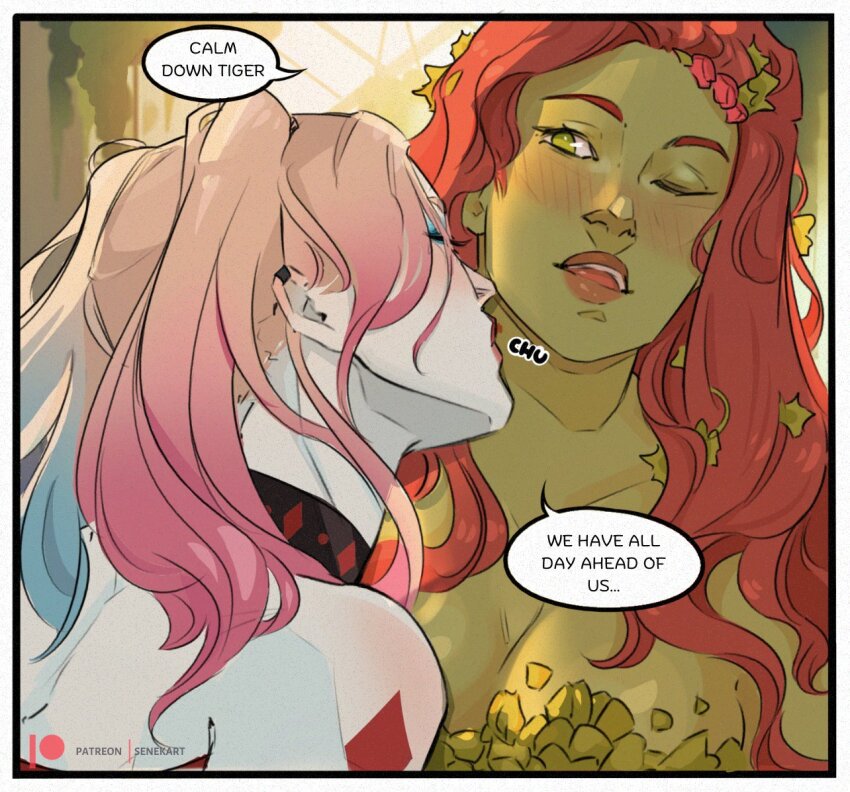 2girls, bare_shoulders, batman_(series), blonde_hair, blue_hair, blush, closed_eyes, colored_skin, couple, dc_comics, female_focus, green_eyes, green_skin, harley_quinn, kiss, long_hair, makeup, multicolored_hair, multiple_girls, open_mouth, patreon_logo, patreon_username, pink_hair, poison_ivy, red_hair, senekart, white_skin, wife_and_wife, yuri