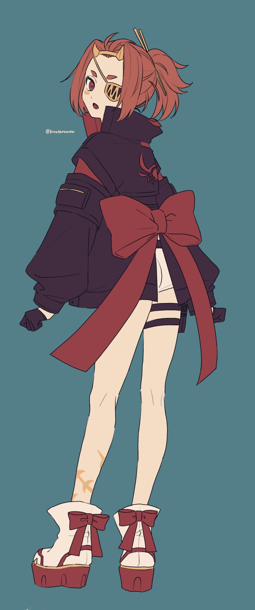 1girl, absurdres, aqua_background, black_gloves, black_jacket, code_vein, code_vein_ii, commentary_request, eyepatch, from_behind, gloves, highres, jacket, josee_anjou, kinotarowow, long_hair, long_sleeves, looking_at_viewer, one_eye_covered, open_mouth, orange_hair, ponytail, shorts, simple_background, solo, twitter_username, white_shorts