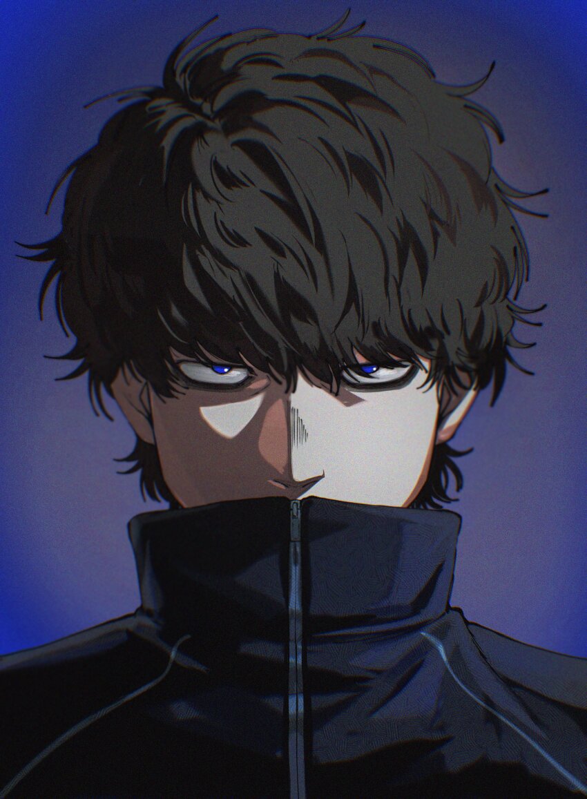 1boy, absurdres, black_hair, blue_background, blue_eyes, commentary_request, grntr_260106, high_collar