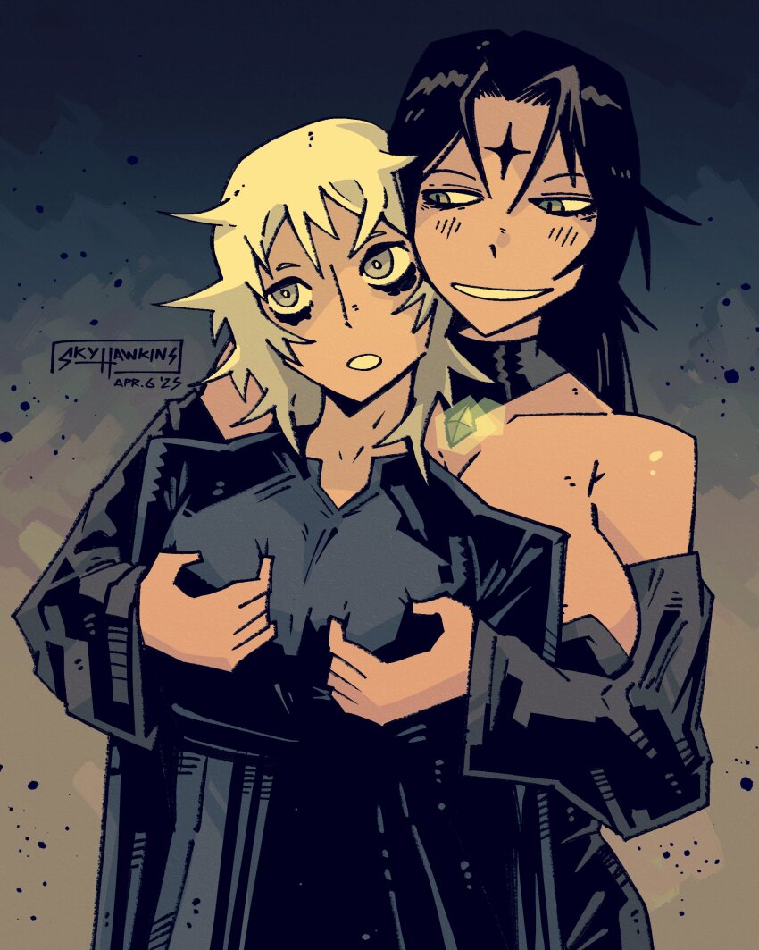 absurdres, artist_logo, bags_under_eyes, bare_shoulders, black_dress, black_hair, black_sleeves, blonde_hair