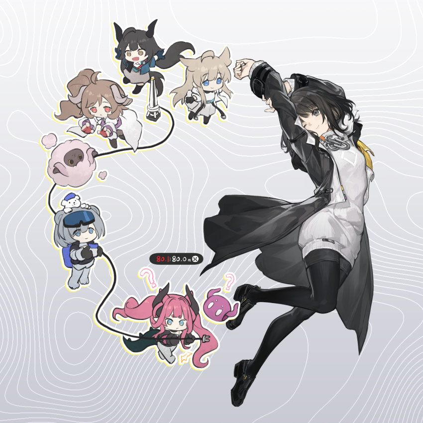 6+girls, ?, absurdres, ardelia_(arknights), arknights, arknights:_endfield, aurora_(arknights), black_coat, black_eyes, black_hair, black_pantyhose, black_shoes, blue_eyes, brown_eyes, brown_hair, cable, chen_qianyu_(arknights), chibi, chinese_commentary, coat, commentary_request, dragon_girl, elevation_contour_lines, endministrator_(arknights), eyjafjalla_(arknights), female_endministrator_(arknights), goggles, goggles_on_head, grey_hair, highres, holding, holding_cable, if_happiness_is_a_circle_(meme), little_black_sheep_(arknights), looking_at_viewer, meme, multiple_girls, pantyhose, perlica_(arknights), pink_hair, red_eyes, shoes, snowshine_(arknights), sweater, white_sweater, yumero, yvonne_(arknights)