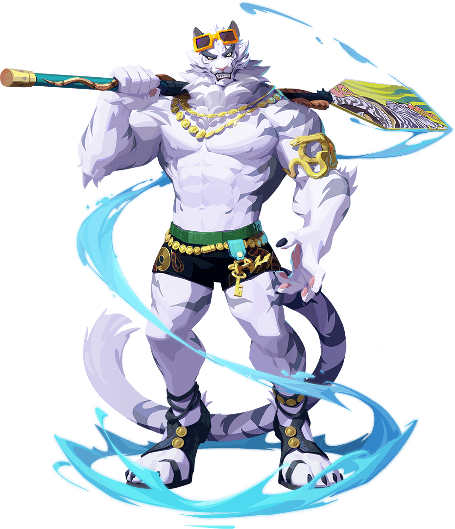1boy, abs, animal_ears, artist_request, axe, bara, bulge, dislyte