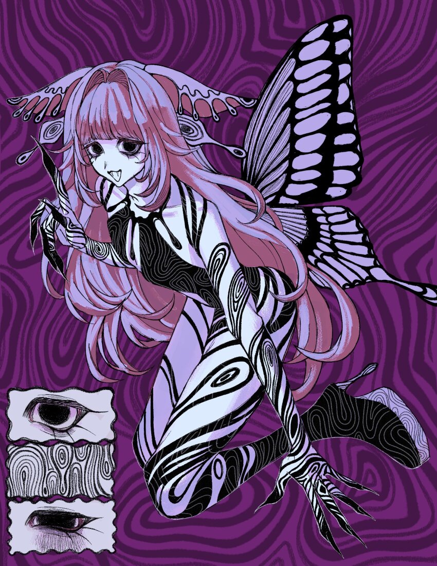 1other, black_eyes, blunt_bangs, butterfly_wings, collarbone, commentary_request, douk1_1kigire, eyelashes