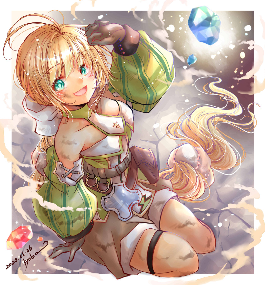 1girl, absurdres, black_gloves, blonde_hair, bow, breasts, choker, commentary_request, full_body, gloves, green_eyes, highres, jewelry, kyabia, long_hair, looking_at_viewer, multi-tied_hair, nature, open_mouth, ponytail, ribbon, saga, saga_frontier_2, shorts, smile, solo, very_long_hair, virginia_knights