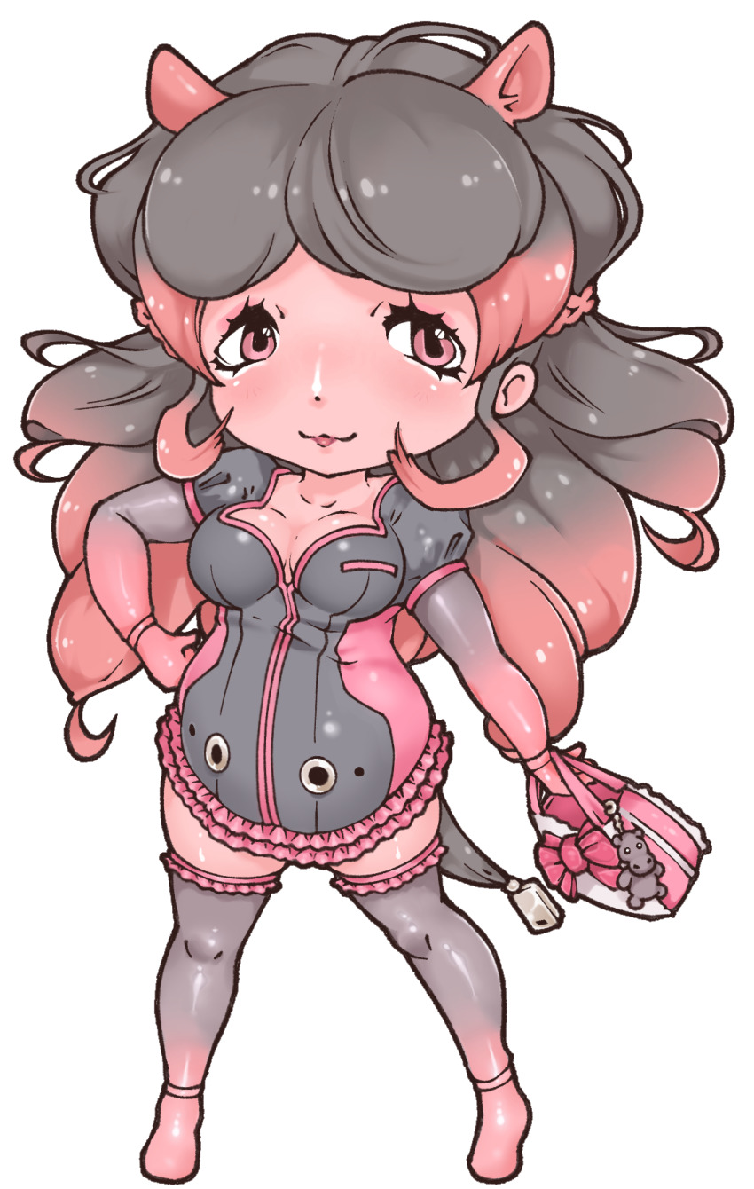 animal_charm, animal_ears, bag, bow, braid, breasts, charm_(object), cleavage