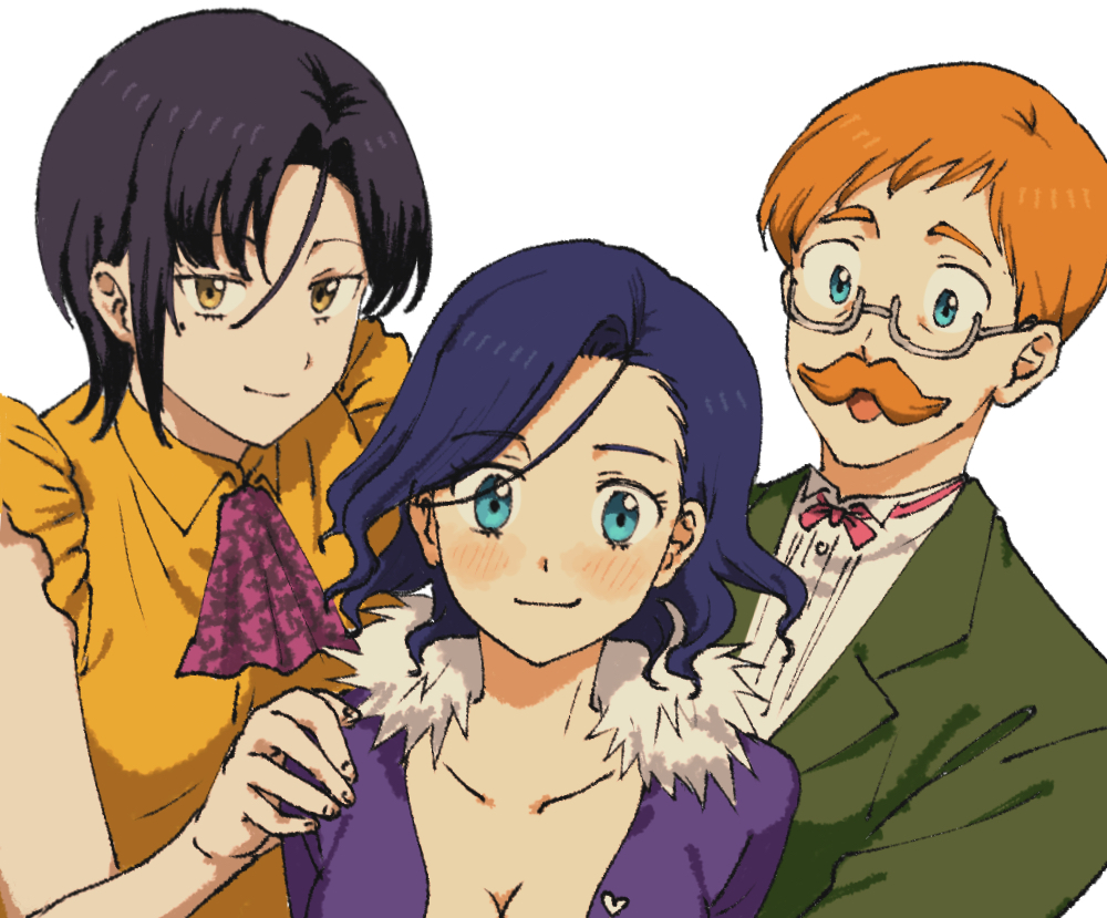 1boy, 2girls, black_hair, blue_eyes, blue_hair, blush, breasts, brown_hair