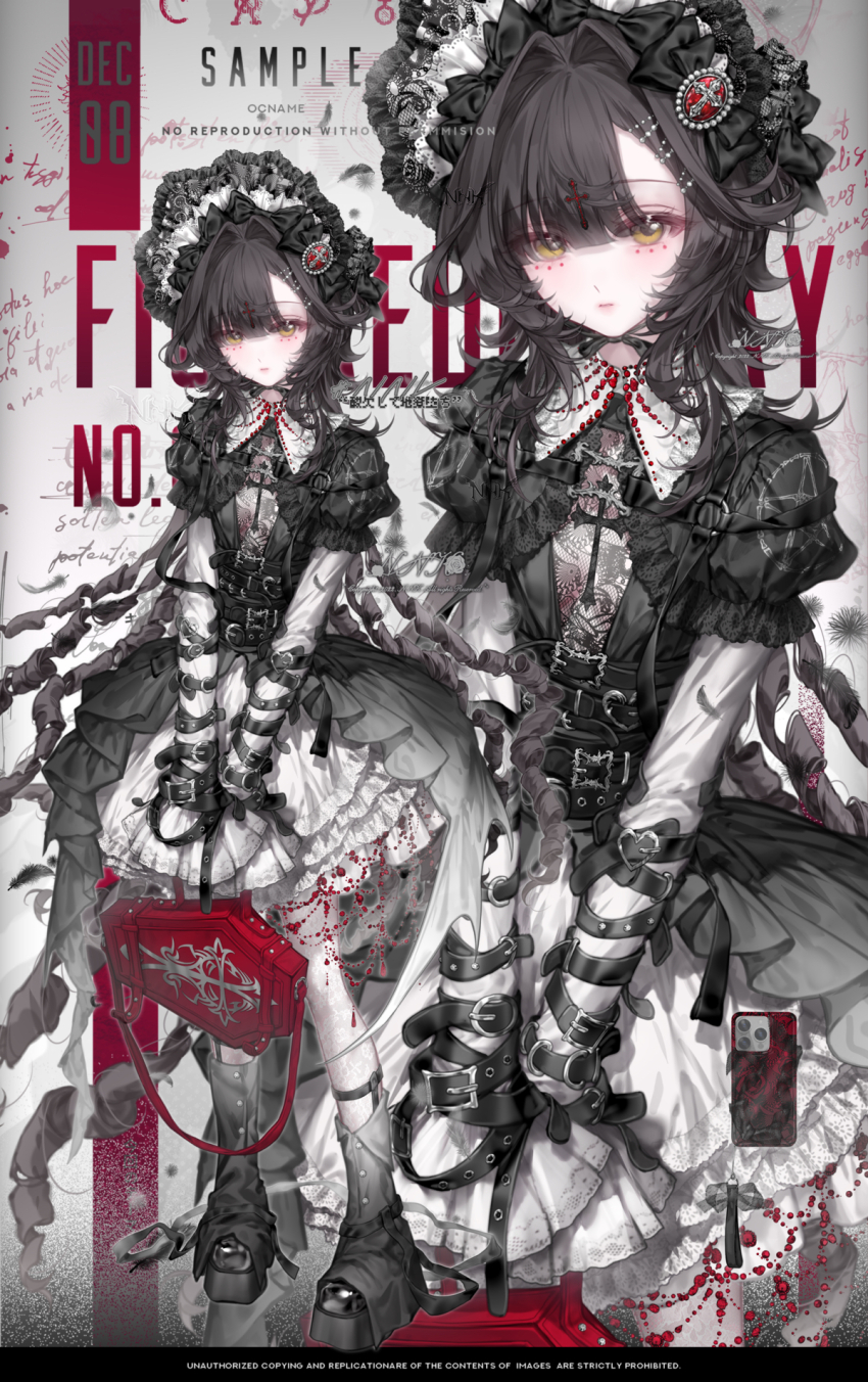 1girl, arm_belt, bag, belt, black_belt, black_dress, black_hairband, black_shoes