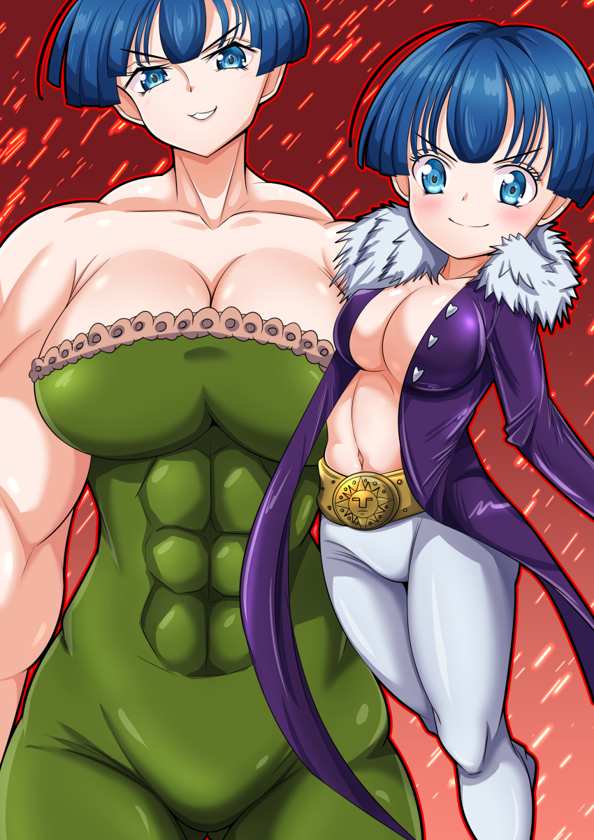 2girls, absurdres, bare_shoulders, blue_eyes, blue_hair, blush, bodysuit, breasts