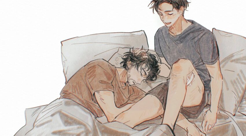 2boys, beard_stubble, black_hair, blue_shirt, brown_hair, brown_shorts, commentary_request, facial_hair, gauze, gauze_on_leg, highres, hyakuemu, komiya_(hyakuemu), lying, male_focus, messy_hair, multiple_boys, on_bed, on_side, pillow, shared_bed, shirt, short_hair, shorts, simple_background, sitting, sleeping, stubble, togashi_(hyakuemu), under_covers, vani42, waking_up, white_background, yaoi