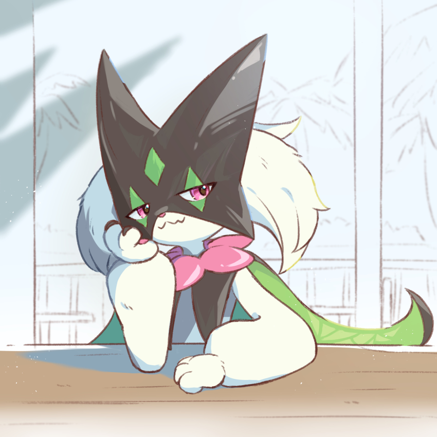 black_mask, fang, green_fur, head_rest, highres, looking_at_viewer, meowscarada, neko_gyoza