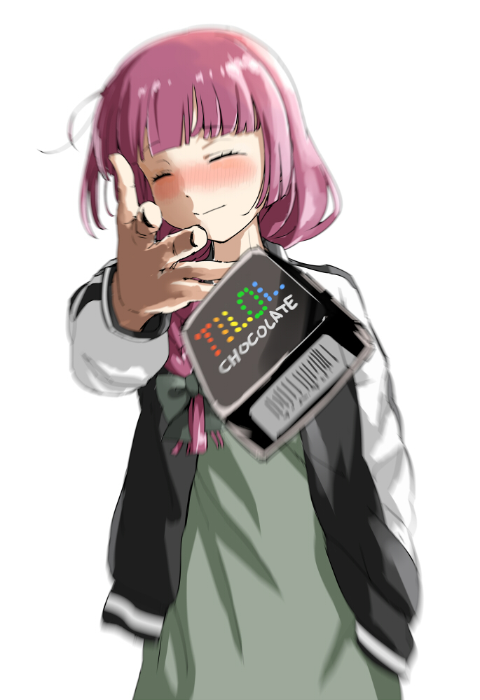 1girl, ahoge, black_jacket, black_nails, blunt_bangs, blush, bocchi_the_rock!, brand_name_imitation