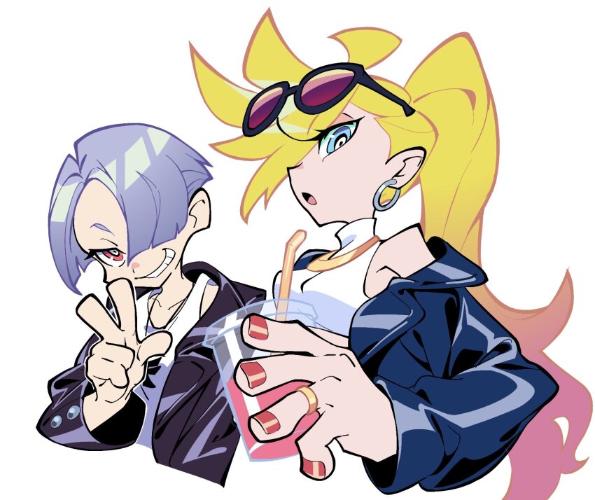 1boy, 1girl, alternate_costume, bb_zatta, blonde_hair, blue_eyes, blunt_bangs, earrings