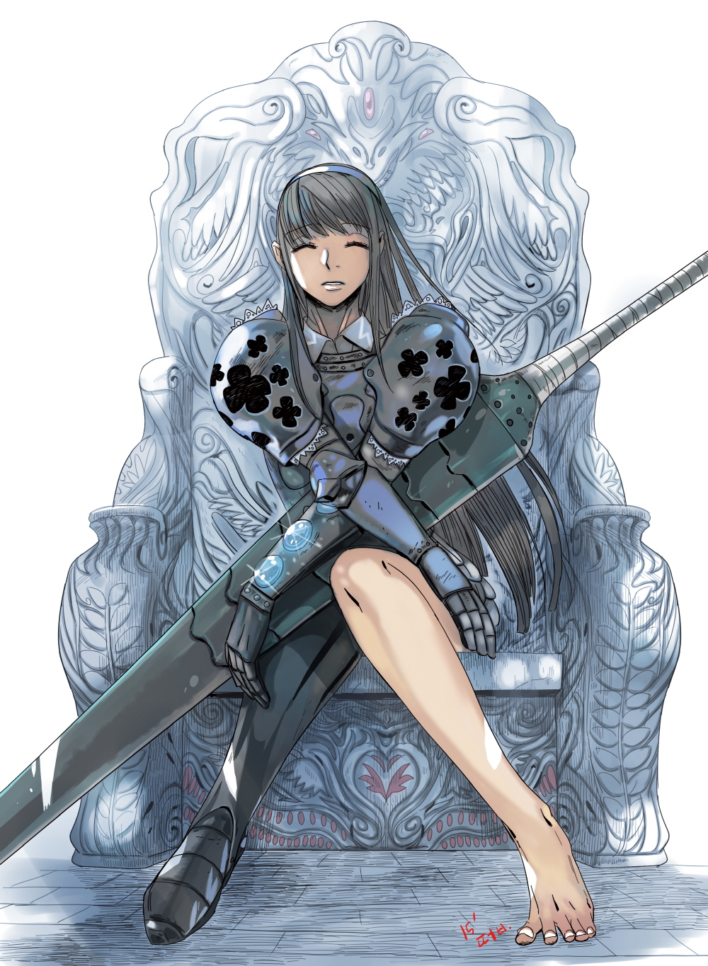 1girl, armor, black_hair, closed_eyes, commentary_request, full_body, guila, highres