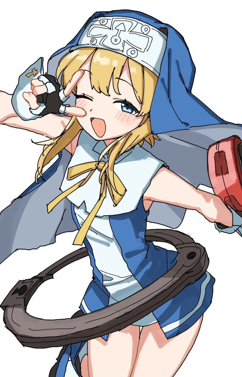 1boy, black_gloves, blonde_hair, blue_dress, blue_eyes, bridget_(guilty_gear), commentary_request, cuffs, dress, fingerless_gloves, gazacy_(dai), gloves, guilty_gear, guilty_gear_xx, hair_between_eyes, handcuffs, highres, male_focus, mars_symbol, nun, nun_headdress, object_belt, one_eye_closed, open_mouth, print_wrist_cuffs, ribbon, simple_background, smile, trap, v, white_background, yellow_ribbon, yo-yo