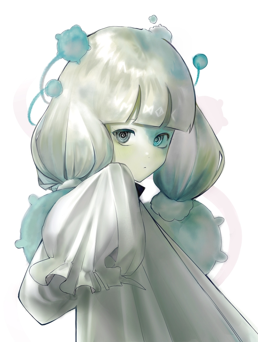 1girl, @_@, chain, chain_around_neck, colored_extremities, colored_eyelashes, colored_skin, cookie_run, cookie_run:_kingdom, dress, expressionless, gradient_hair, green_eyes, highres, low_twintails, multicolored_hair, pale_skin, pom-pom_dough_cookie, sleeves_past_fingers, sleeves_past_wrists, solo, spores, twintails, user_tdvh3338, white_background, white_dress, white_hair, white_skin