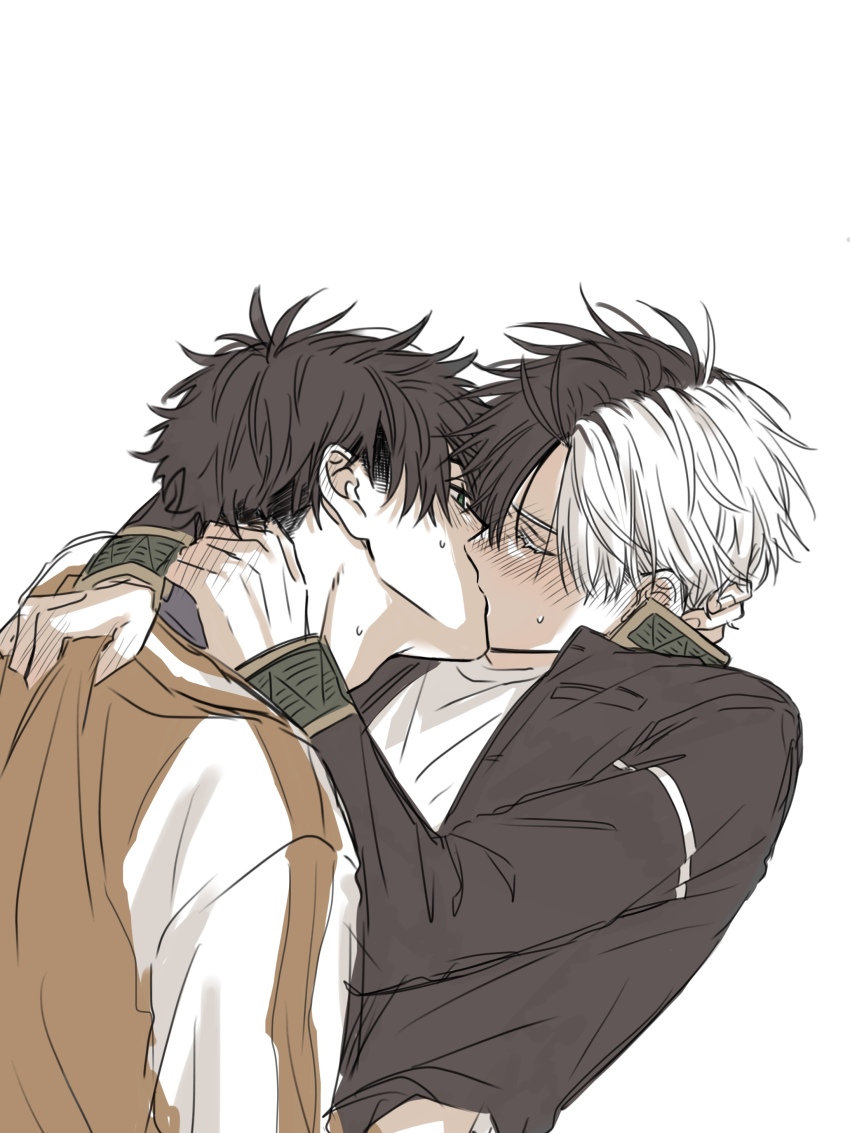 2boys, absurdres, adam's_apple, black_hair, black_jacket, blush, commentary_request, dt48whkewk91932