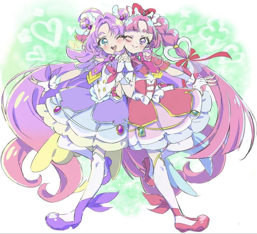 2girls, ;), ;d, absurdres, ahoge, akechi_anna, blue_eyes, bow