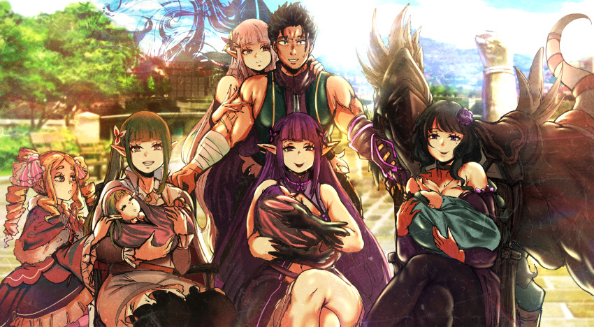 2boys, 6+girls, absurdres, aged_up, baby, bare_shoulders, beatrice_(re:zero), black_dress