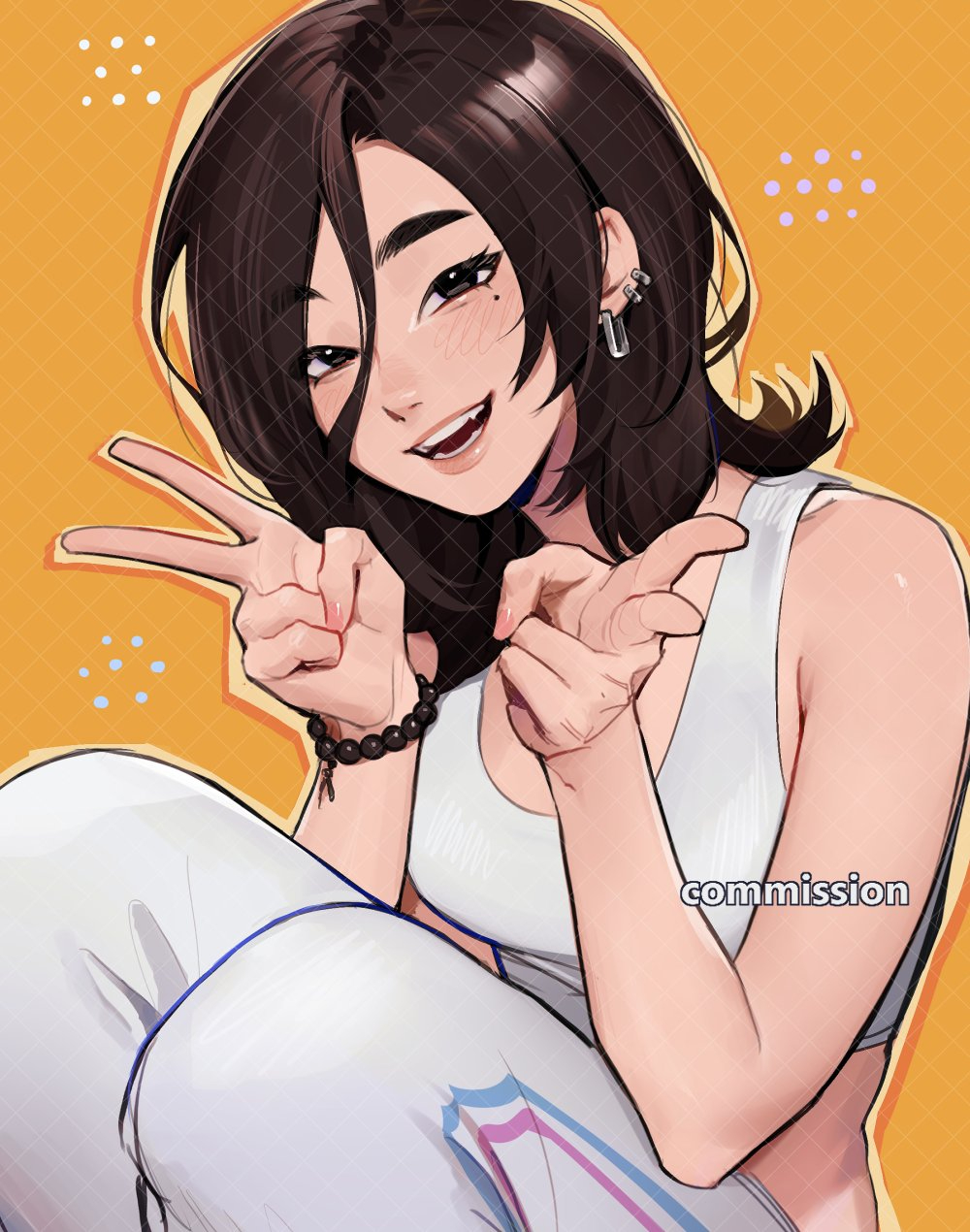 1girl, aria_(roresu), bead_bracelet, beads, bracelet, brown_hair, commentary, double_v