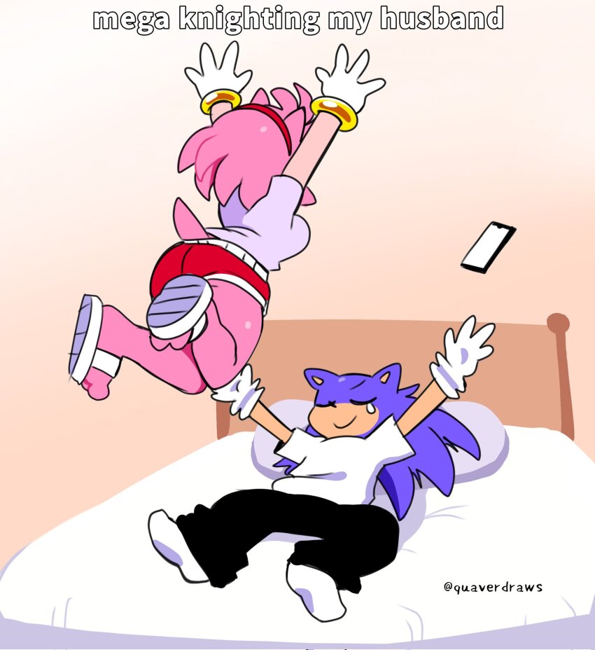 1boy, 1girl, amy_rose, animal_nose, bed, black_pants, blue_fur, bracelet