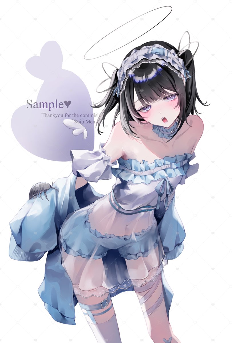 1girl, :o, angel, bandaid, bandaid_on_knee, bandaid_on_leg, bare_shoulders, black_hair, bloomers, blue_bloomers, blue_choker, blue_jacket, blush, breasts, character_name, choker, commentary_request, commission, detached_sleeves, foot_out_of_frame, frilled_bloomers, frilled_choker, frilled_hairband, frills, grey_eyes, hairband, halo, highres, indie_virtual_youtuber, jacket, jacket_partially_removed, leaning_forward, lolita_hairband, looking_at_viewer, medium_hair, nightgown, open_mouth, sample_watermark, see-through_clothes, see-through_midriff, see-through_nightgown, shikuwata, short_sleeves, simple_background, single_thighhigh, small_breasts, solo, strapless, strapless_nightgown, suiu_memori, thigh_strap, thighhighs, two_side_up, underwear, watermark, white_background, white_hairband, white_nightgown, white_thighhighs