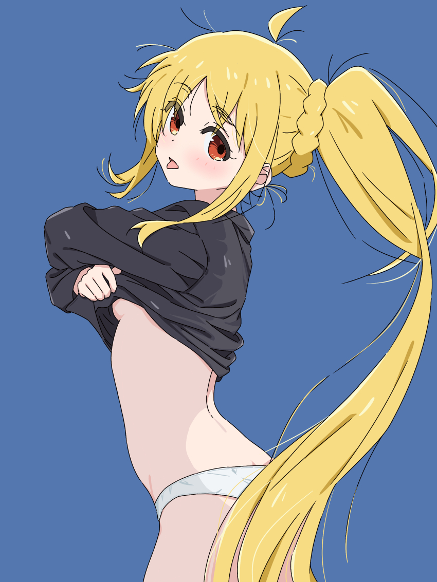 1girl, absurdres, ahoge, black_sweater, blonde_hair, blue_background, bocchi_the_rock!, braid