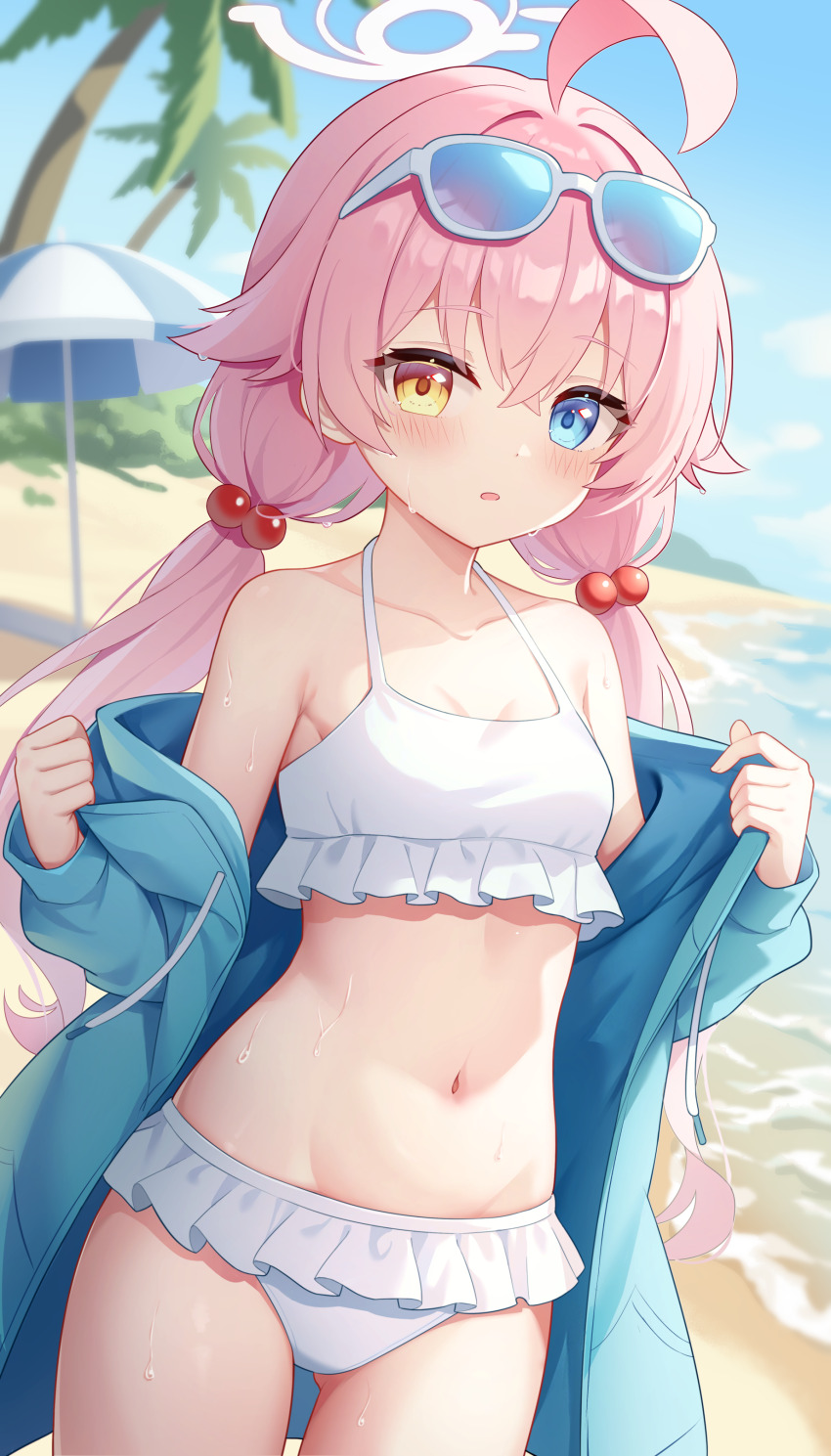 1girl, absurdres, ahoge, aqua_jacket, armpit_crease, bare_shoulders, beach, beach_umbrella, bikini, blue_archive, blush, chaoji_da_yuwan, collarbone, flower, frilled_bikini, frills, hair_flower, hair_ornament, halo, heterochromia, highres, hoshino_(blue_archive), hoshino_(swimsuit)_(blue_archive), jacket, jacket_partially_removed, loli, looking_at_viewer, navel, official_alternate_costume, open_clothes, open_jacket, open_mouth, outdoors, pink_hair, pink_halo, solo, stomach, sweatdrop, swimsuit, thighs, umbrella, white_bikini