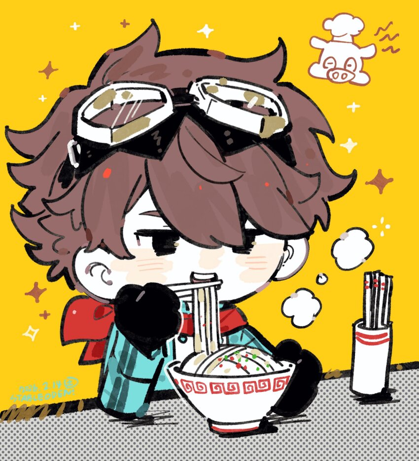 1boy, blue_jacket, brown_hair, chopsticks, commentary_request, digimon, digimon_story:_time_stranger, eating