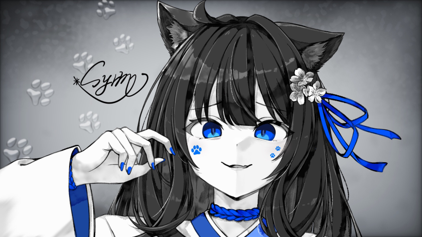 1girl, ahoge, animal_ear_fluff, animal_ears, blue_eyes, blue_ribbon, commentary_request, facial_mark