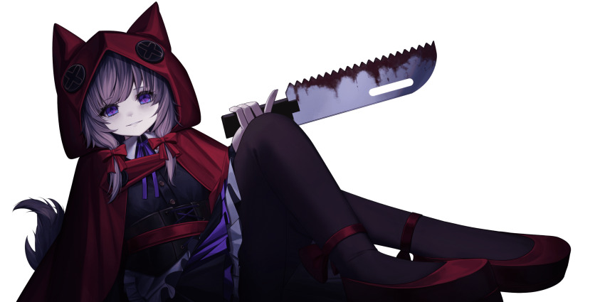 2026, dress, holding, holding_weapon, indie_virtual_youtuber, nokkovt, purple_dress, red_hood