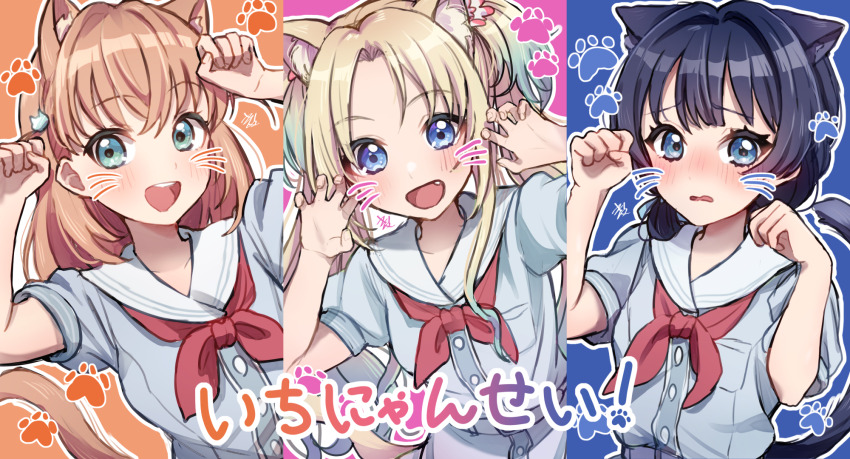 3girls, :d, animal_ears, arms_up, blonde_hair, blue_background, blue_dress, blue_eyes