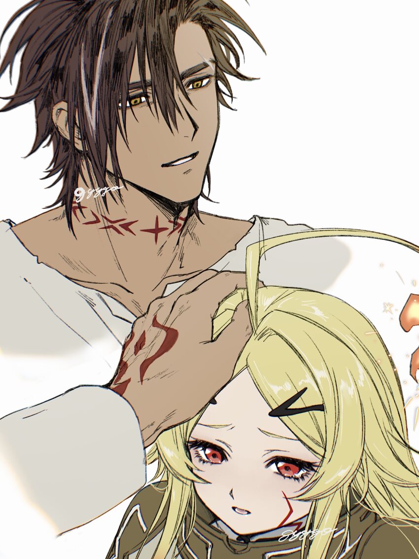 1boy, 1girl, absurdres, ahoge, armor, artist_name, black_hair, blonde_hair, body_markings, brown_hair, dark-skinned_male, dark_skin, facial_mark, fiery_hair, forbartz_xylo, gyozabiglove143, highres, huge_ahoge, long_hair, long_sleeves, multicolored_hair, open_mouth, orange_hair, parted_bangs, red_eyes, scar, scar_across_eyebrow, scar_on_face, short_hair, simple_background, spiked_hair, streaked_hair, teeth, teoritta, white_background, yuushakei_ni_shosu